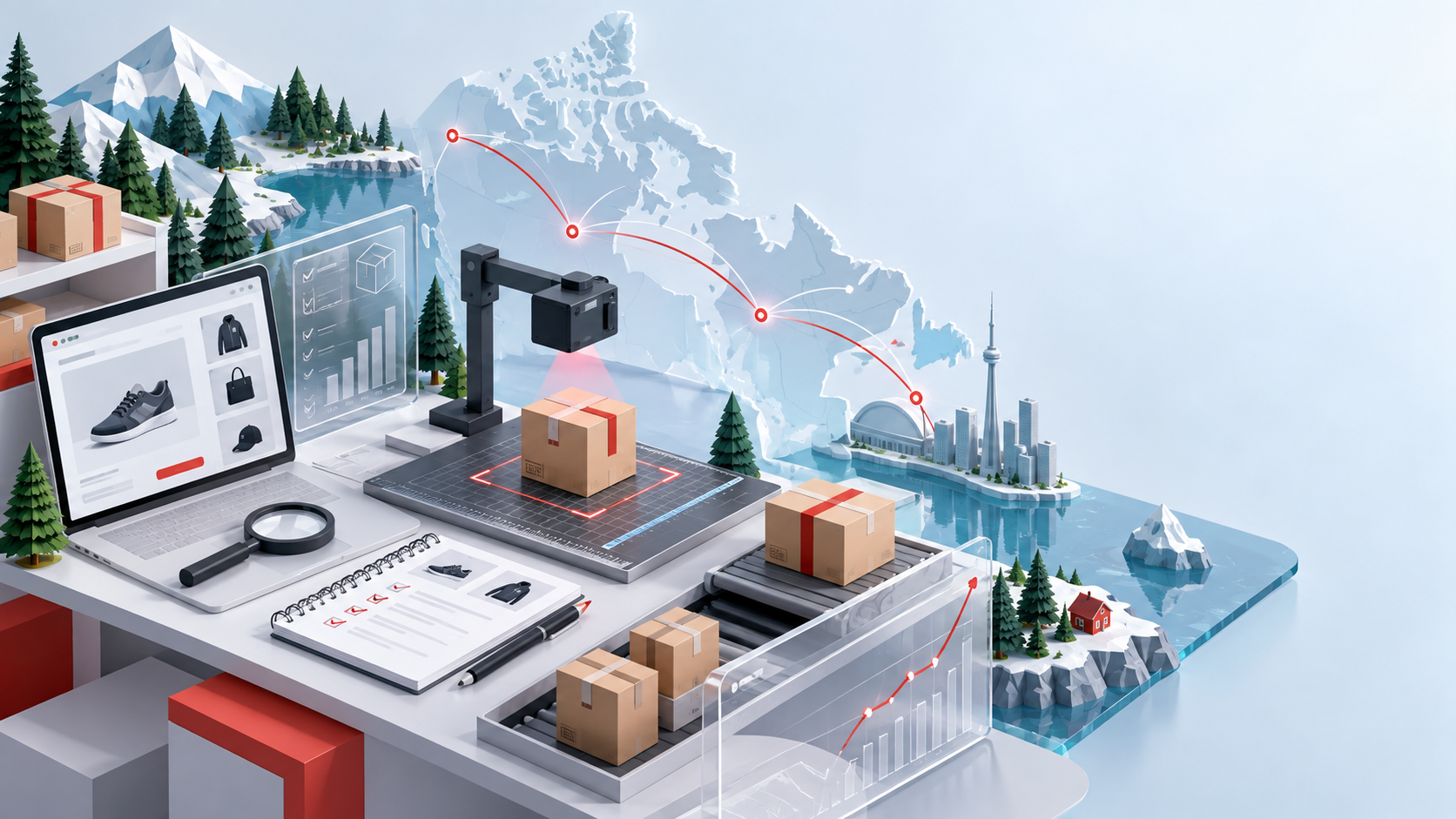 Original illustrated Canada parcel research and quality-check scene